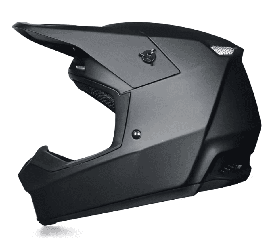 Matte black APEX MOTO rally motocross helmet viewed from the side